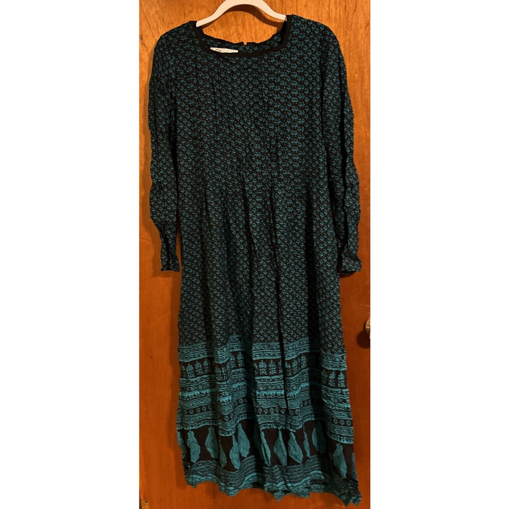 Sarah Elizabeth Maxi Dress Cottage Core Vtg Size 12 Green & Black Long Sleeves